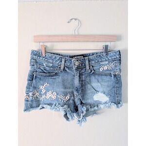 Express Low Rise Shortie Denim Micro Shorts Women 4 Floral Distressed Festival
